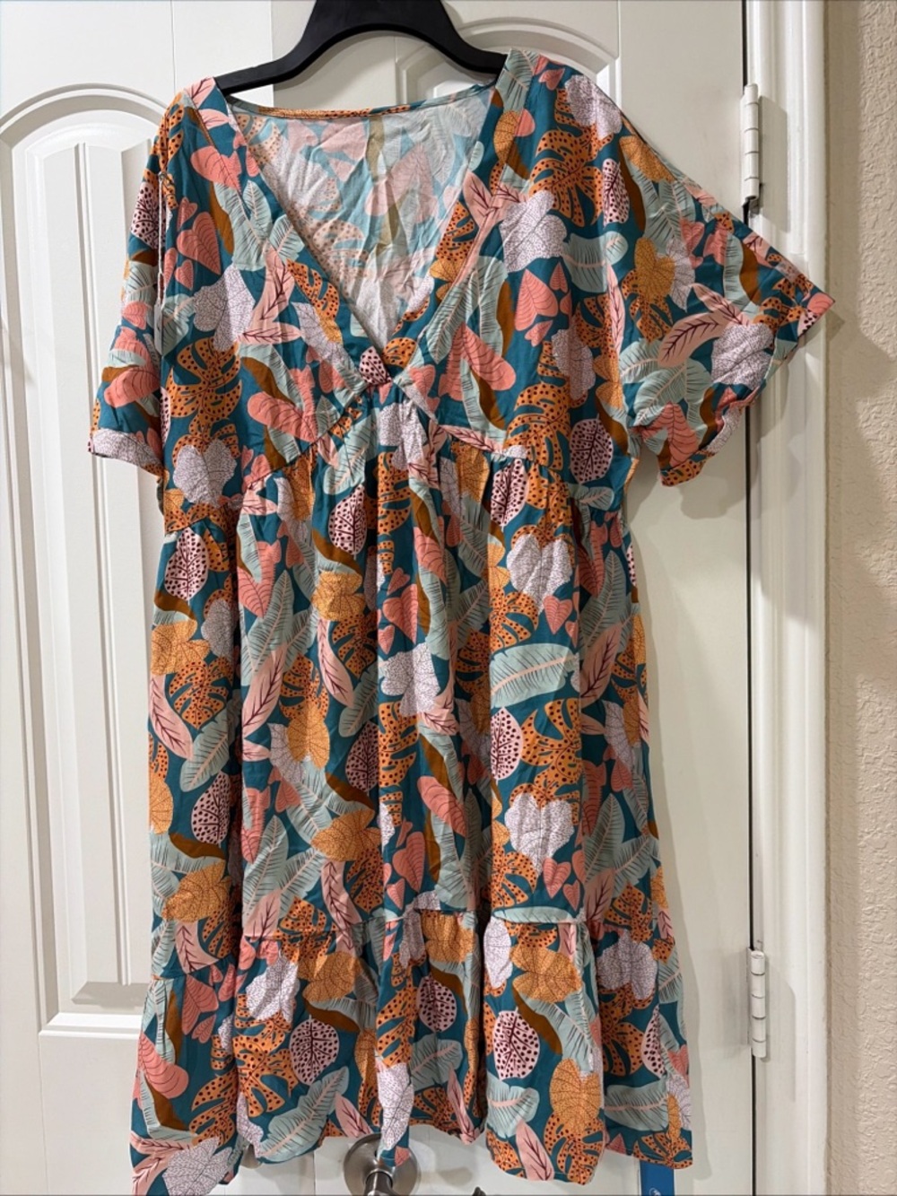 Tropical Print V-Neck Flutter Sleeve Dress - Teal, Coral & Mustard